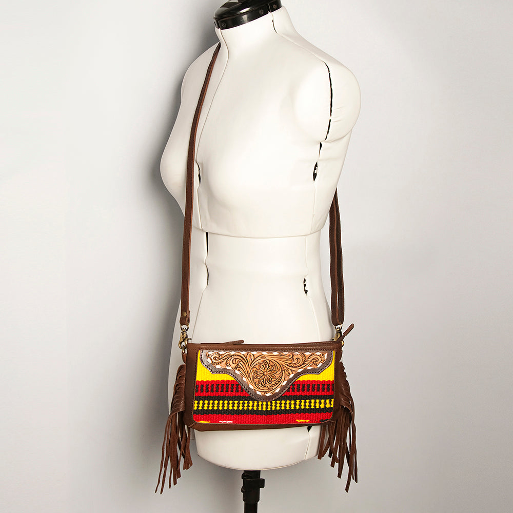 LC-ADBGA188 Southwestern Wool & Leather Fringe Crossbody Bag with Hand-Tooled Flap