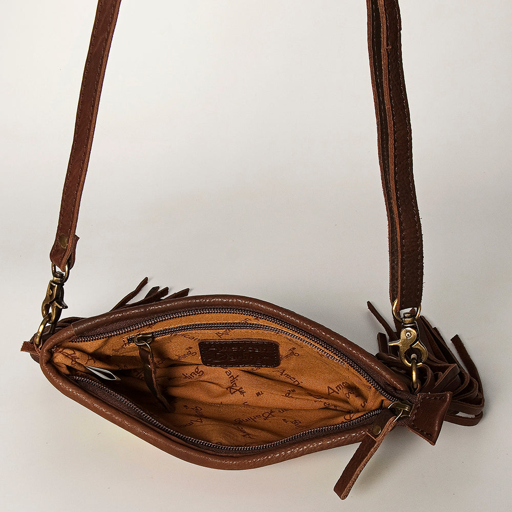 LC-ADBGA188 Southwestern Wool & Leather Fringe Crossbody Bag with Hand-Tooled Flap