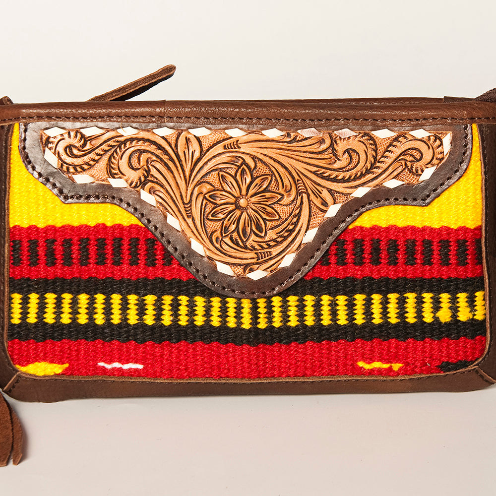 LC-ADBGA188 Southwestern Wool & Leather Fringe Crossbody Bag with Hand-Tooled Flap