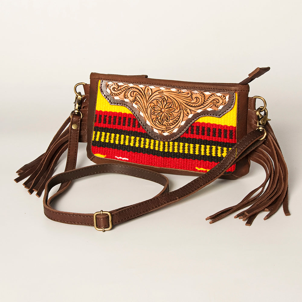 LC-ADBGA188 Southwestern Wool & Leather Fringe Crossbody Bag with Hand-Tooled Flap
