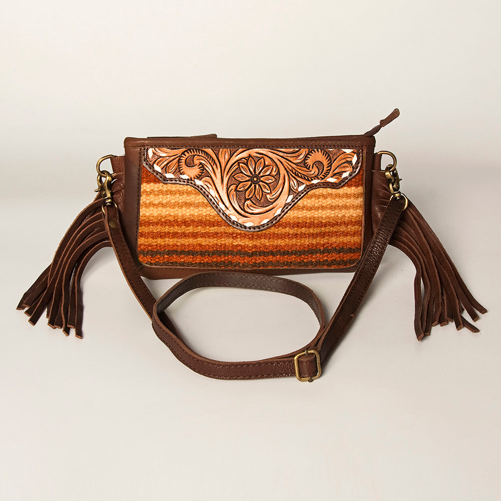LC-ADBGA188 Southwestern Wool & Leather Fringe Crossbody Bag with Hand-Tooled Flap