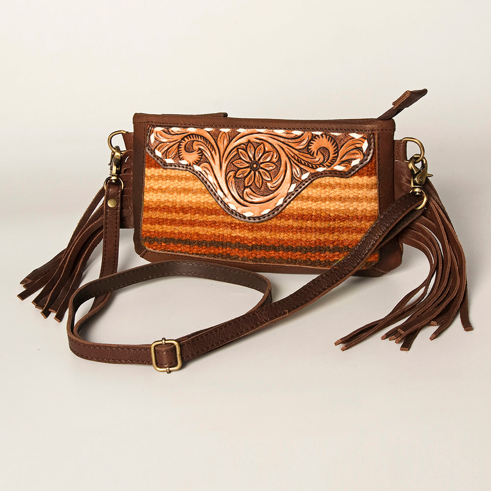 LC-ADBGA188 Southwestern Wool & Leather Fringe Crossbody Bag with Hand-Tooled Flap