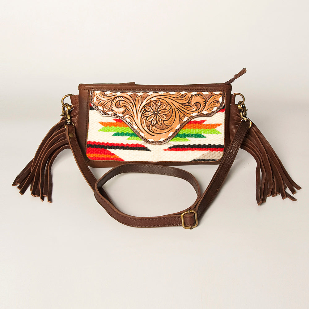 LC-ADBGA188 Southwestern Wool & Leather Fringe Crossbody Bag with Hand-Tooled Flap