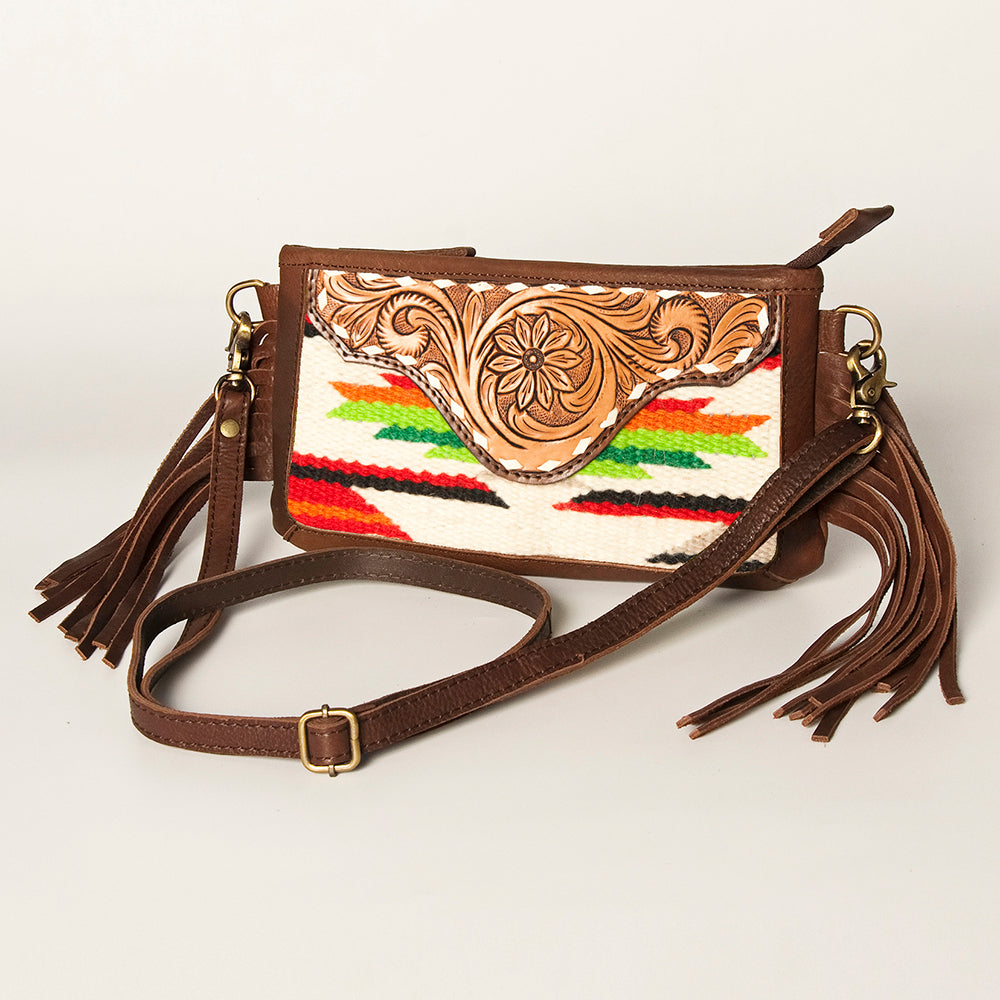 LC-ADBGA188 Southwestern Wool & Leather Fringe Crossbody Bag with Hand-Tooled Flap