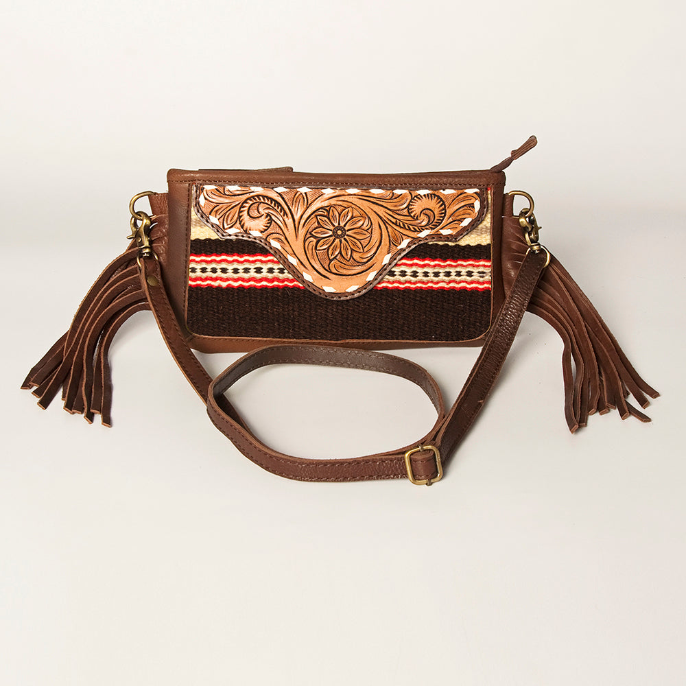 LC-ADBGA188 Southwestern Wool & Leather Fringe Crossbody Bag with Hand-Tooled Flap