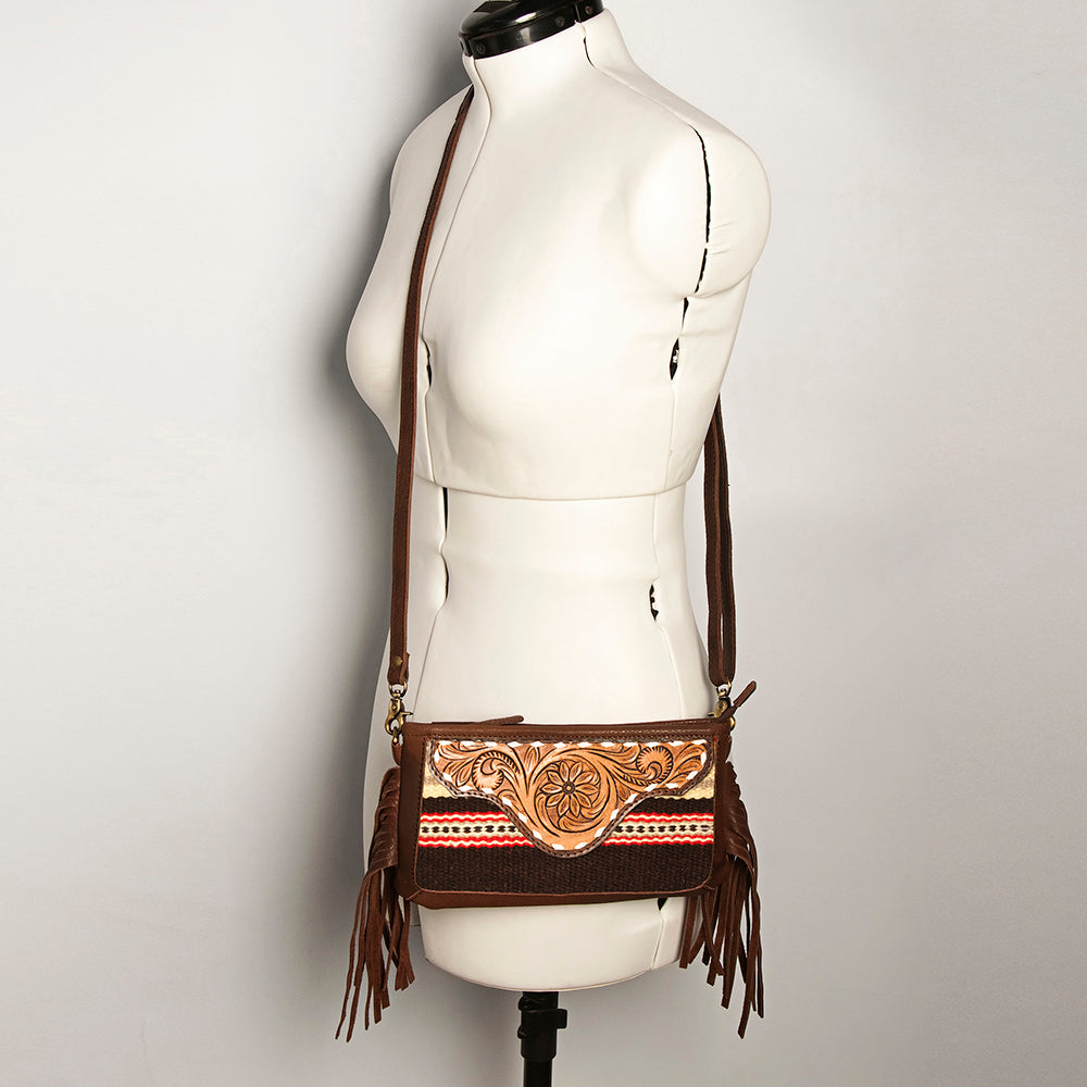 LC-ADBGA188 Southwestern Wool & Leather Fringe Crossbody Bag with Hand-Tooled Flap