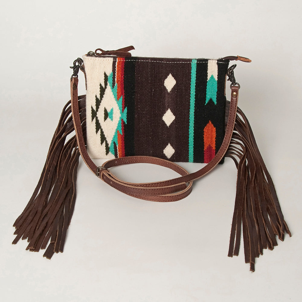 ADBG236 Southwestern Woven Fringe Crossbody Bag with Embossed Leather Trim