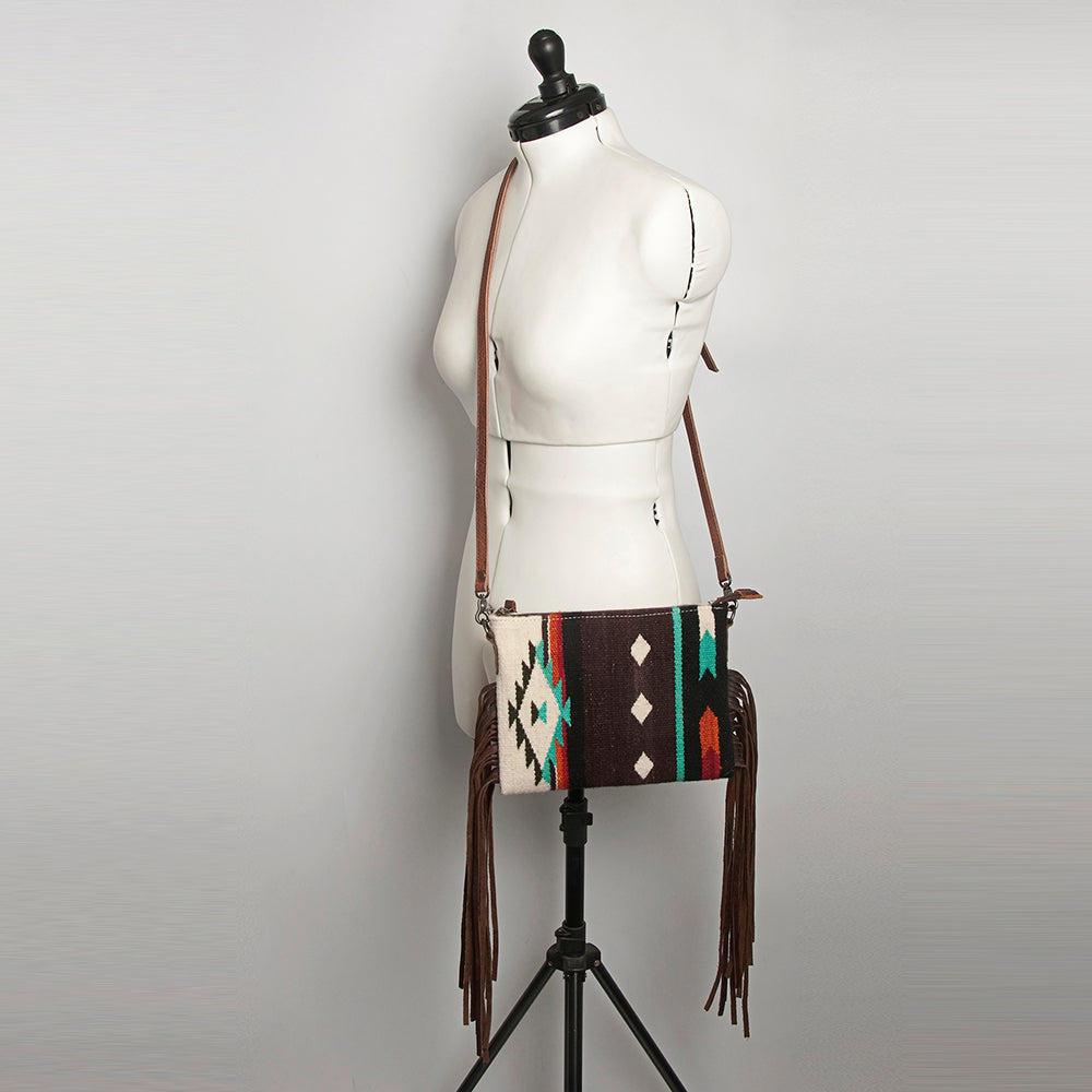 ADBG236 Southwestern Woven Fringe Crossbody Bag with Embossed Leather Trim