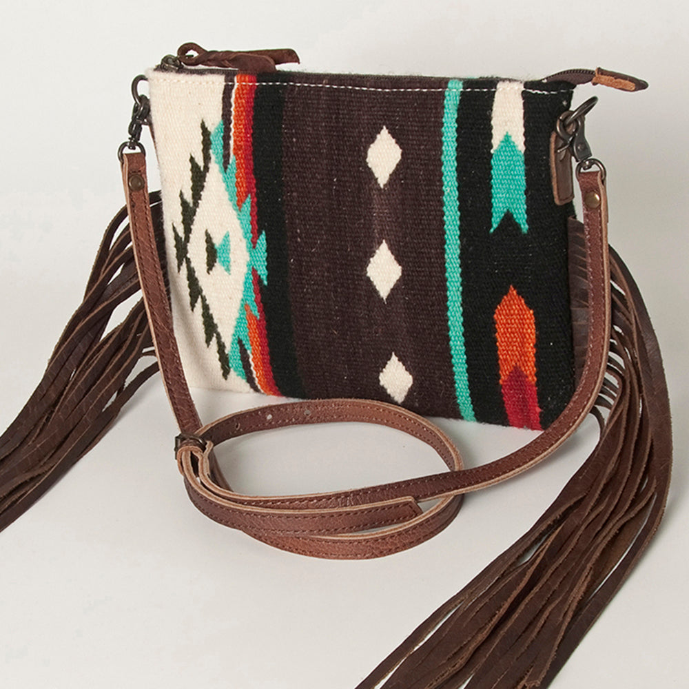 ADBG236 Southwestern Woven Fringe Crossbody Bag with Embossed Leather Trim