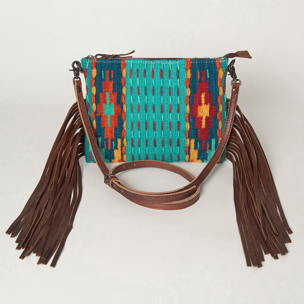ADBG236 Southwestern Woven Fringe Crossbody Bag with Embossed Leather Trim