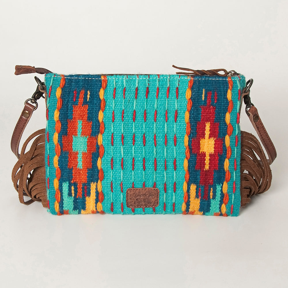ADBG236 Southwestern Woven Fringe Crossbody Bag with Embossed Leather Trim