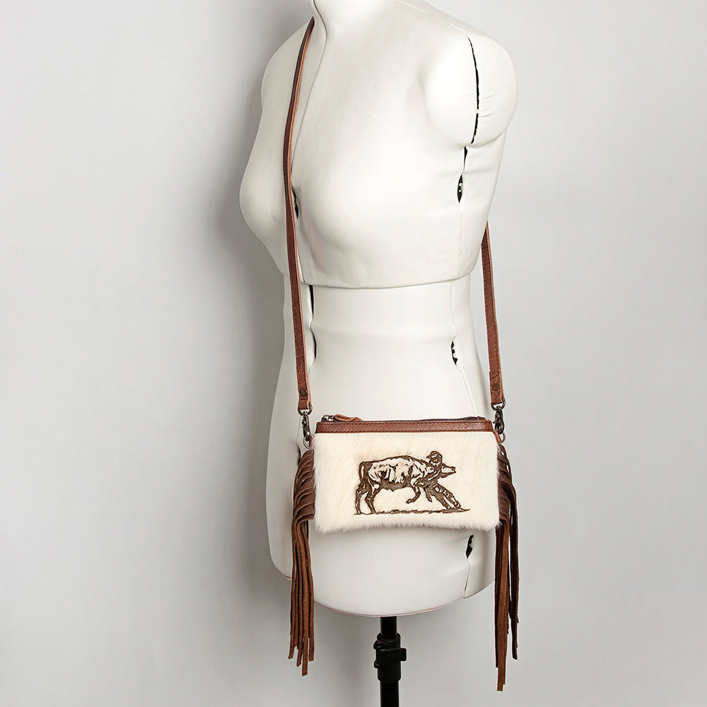 LC-ADBGS142 Western Rodeo Crossbody - Hair-On Leather Bag with Steer Wrestling Print & Fringe