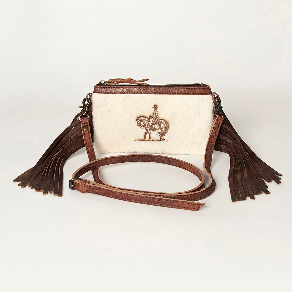 LC-ADBGS142 Western Rodeo Crossbody - Hair-On Leather Bag with Steer Wrestling Print & Fringe