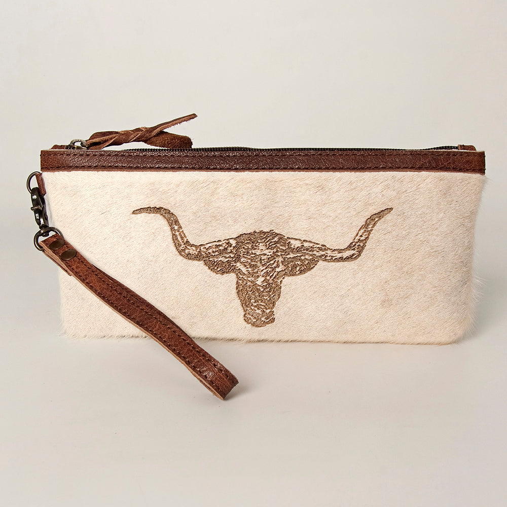 ADBG344 American Darling Western Leather Wristlet Bag in White Hair-On Cowhide