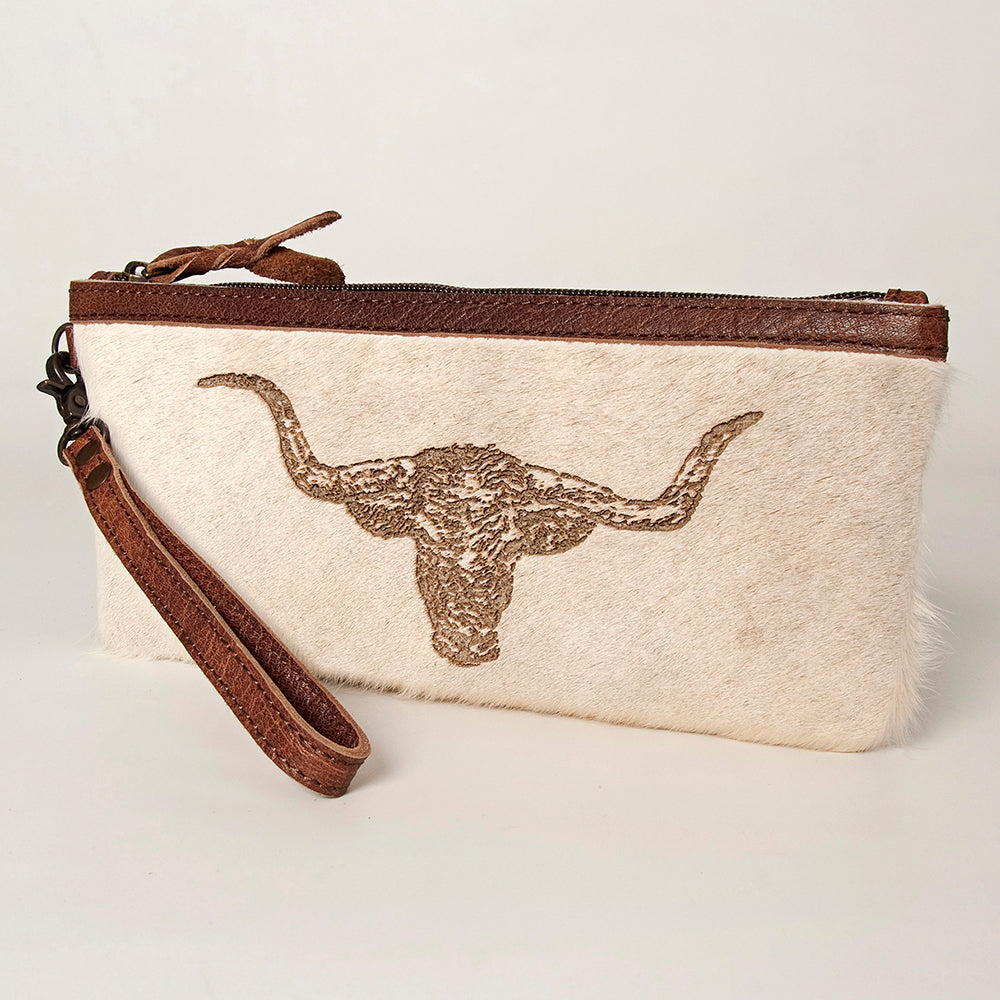 ADBG344 American Darling Western Leather Wristlet Bag in White Hair-On Cowhide