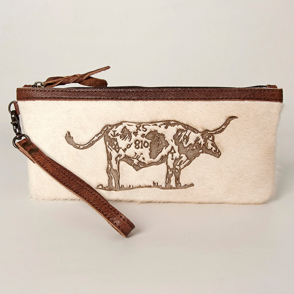 ADBG344 Hair-On Hide Rodeo Wristlet Clutch with Cowboy Wrestling Engraving & Leather Trim
