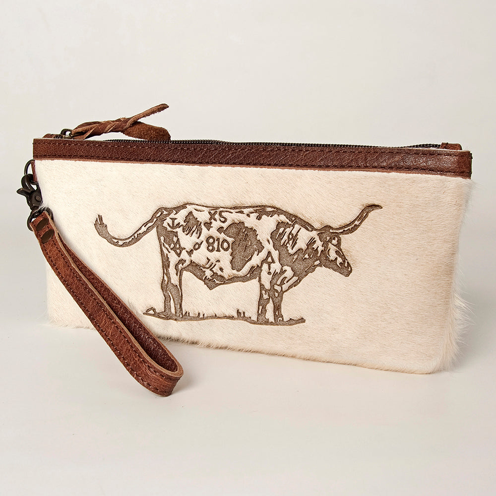 ADBG344 Hair-On Hide Rodeo Wristlet Clutch with Cowboy Wrestling Engraving & Leather Trim