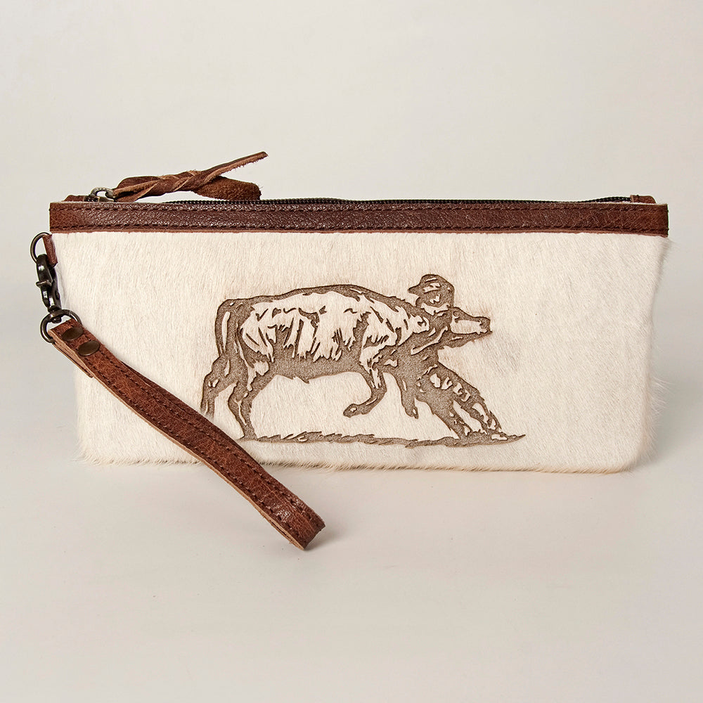 ADBG344 Hair-On Hide Rodeo Wristlet Clutch with Cowboy Wrestling Engraving & Leather Trim
