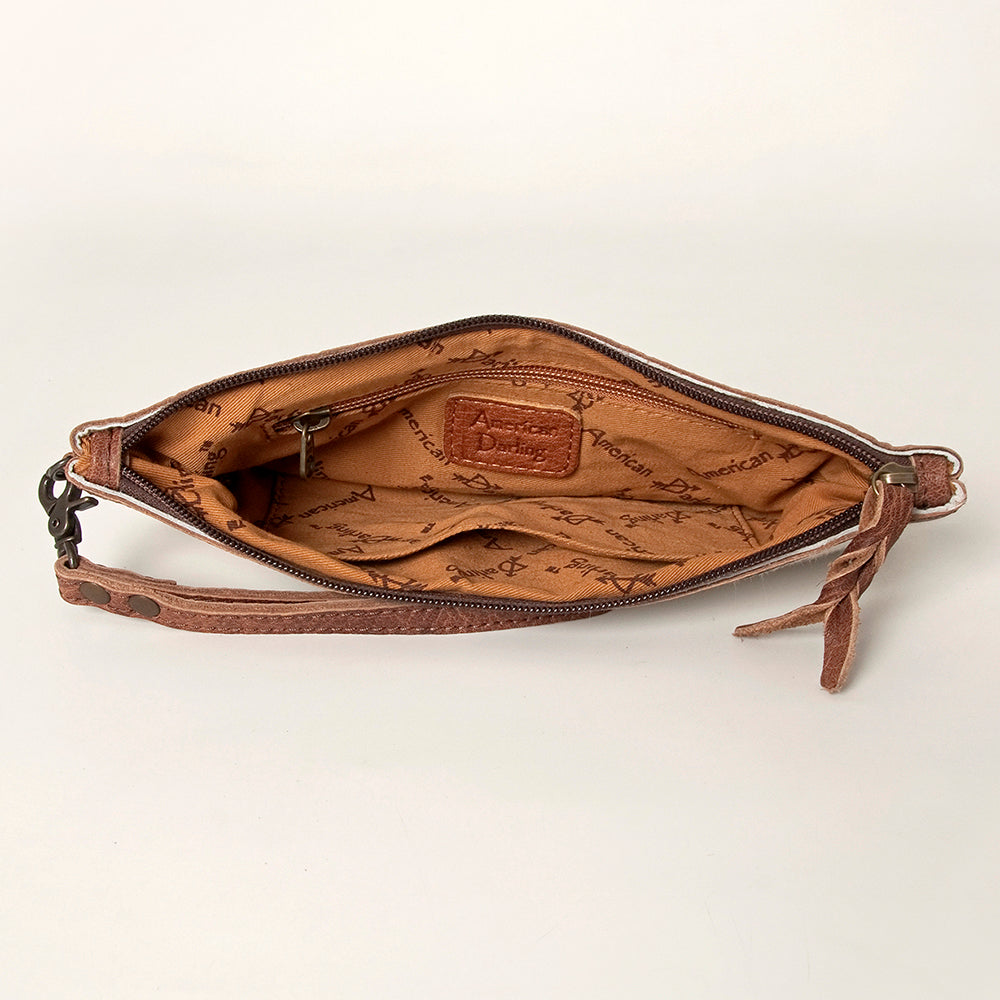 ADBG344 Hair-On Hide Rodeo Wristlet Clutch with Cowboy Wrestling Engraving & Leather Trim