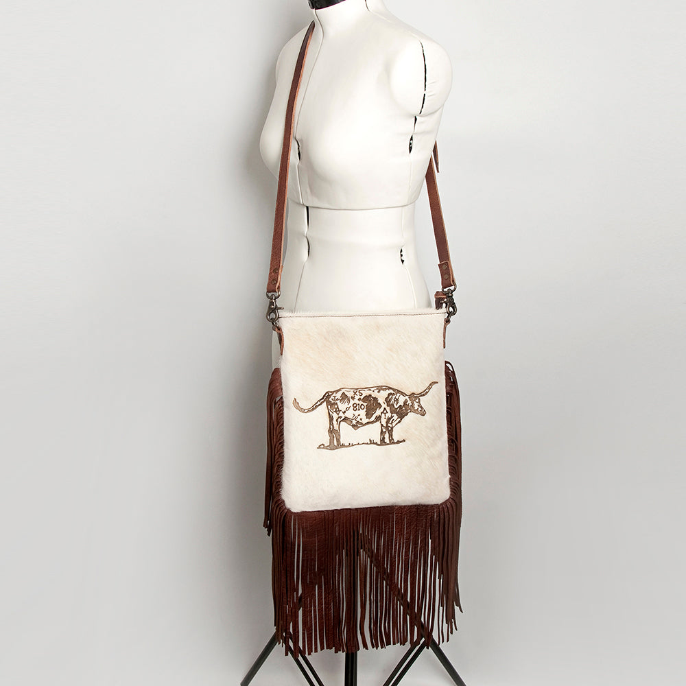 ADBGS192 Cowhide Large Crossbody Bag with Tooled Strap & Fringe - Western Rodeo Purse