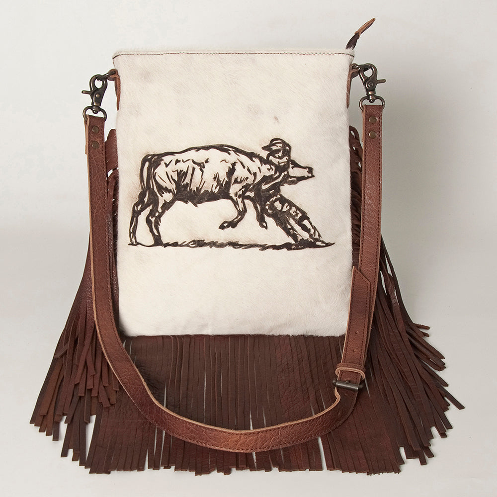 ADBGS192 Cowhide Large Crossbody Bag with Tooled Strap & Fringe - Western Rodeo Purse