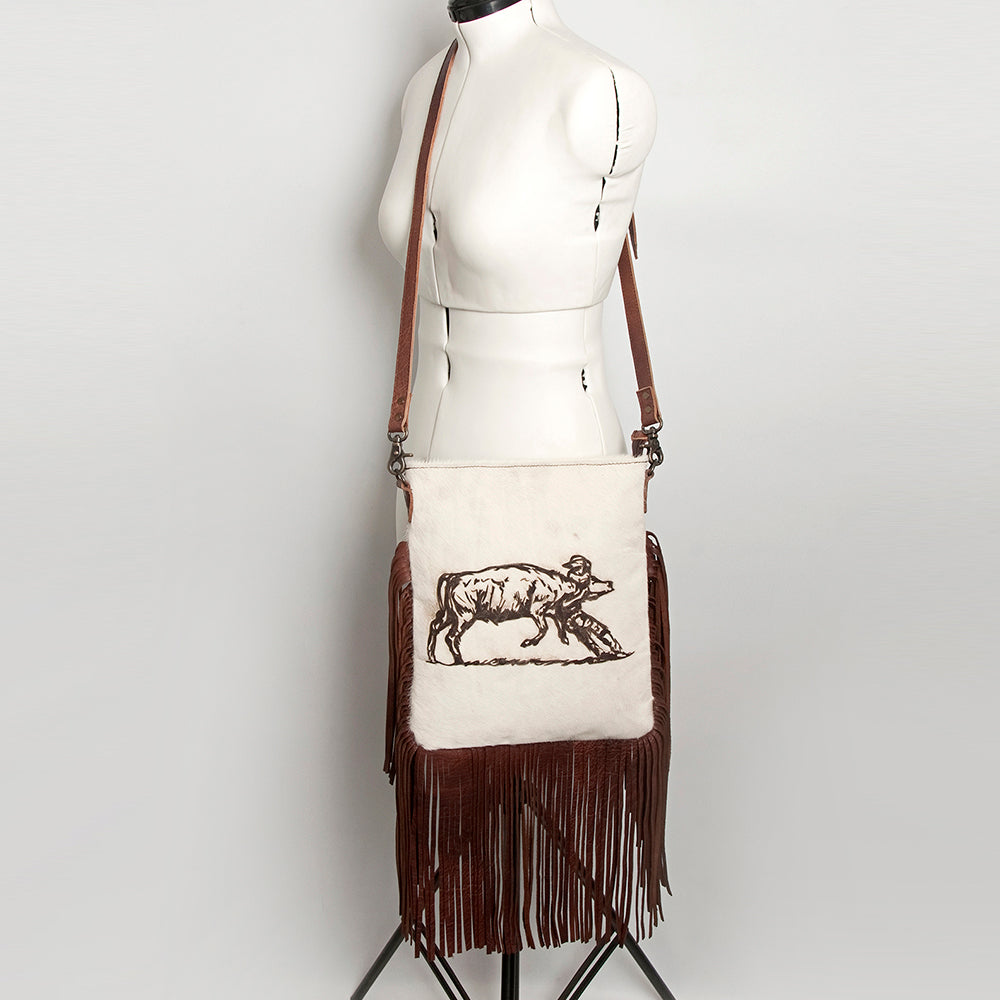 ADBGS192 Cowhide Large Crossbody Bag with Tooled Strap & Fringe - Western Rodeo Purse
