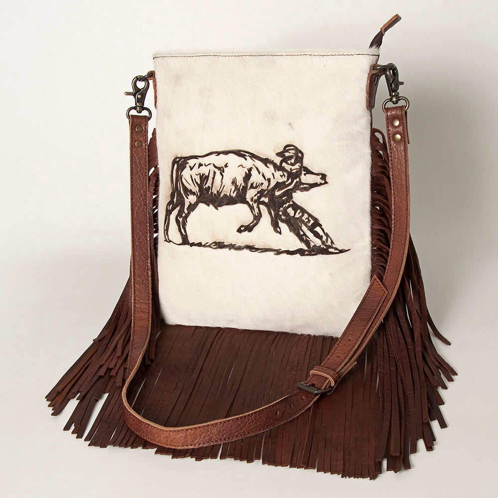 ADBGS192 Cowhide Large Crossbody Bag with Tooled Strap & Fringe - Western Rodeo Purse
