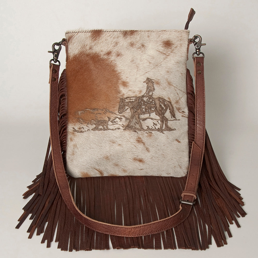 ADBGS192 Cowhide Large Crossbody Bag with Tooled Strap & Fringe - Western Rodeo Purse