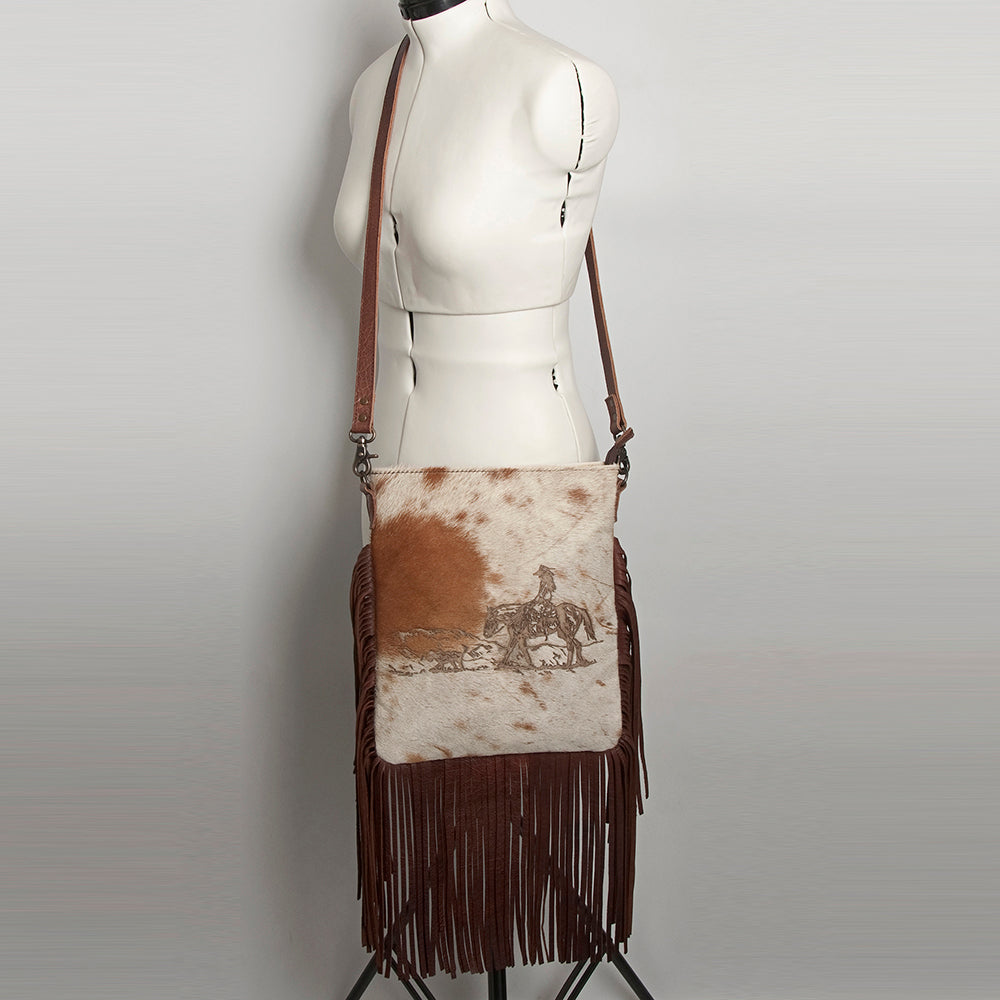 ADBGS192 Cowhide Large Crossbody Bag with Tooled Strap & Fringe - Western Rodeo Purse