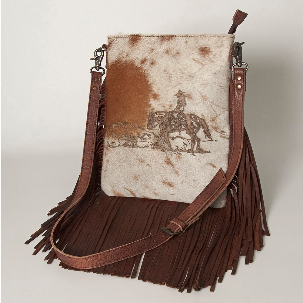 ADBGS192 Cowhide Large Crossbody Bag with Tooled Strap & Fringe - Western Rodeo Purse