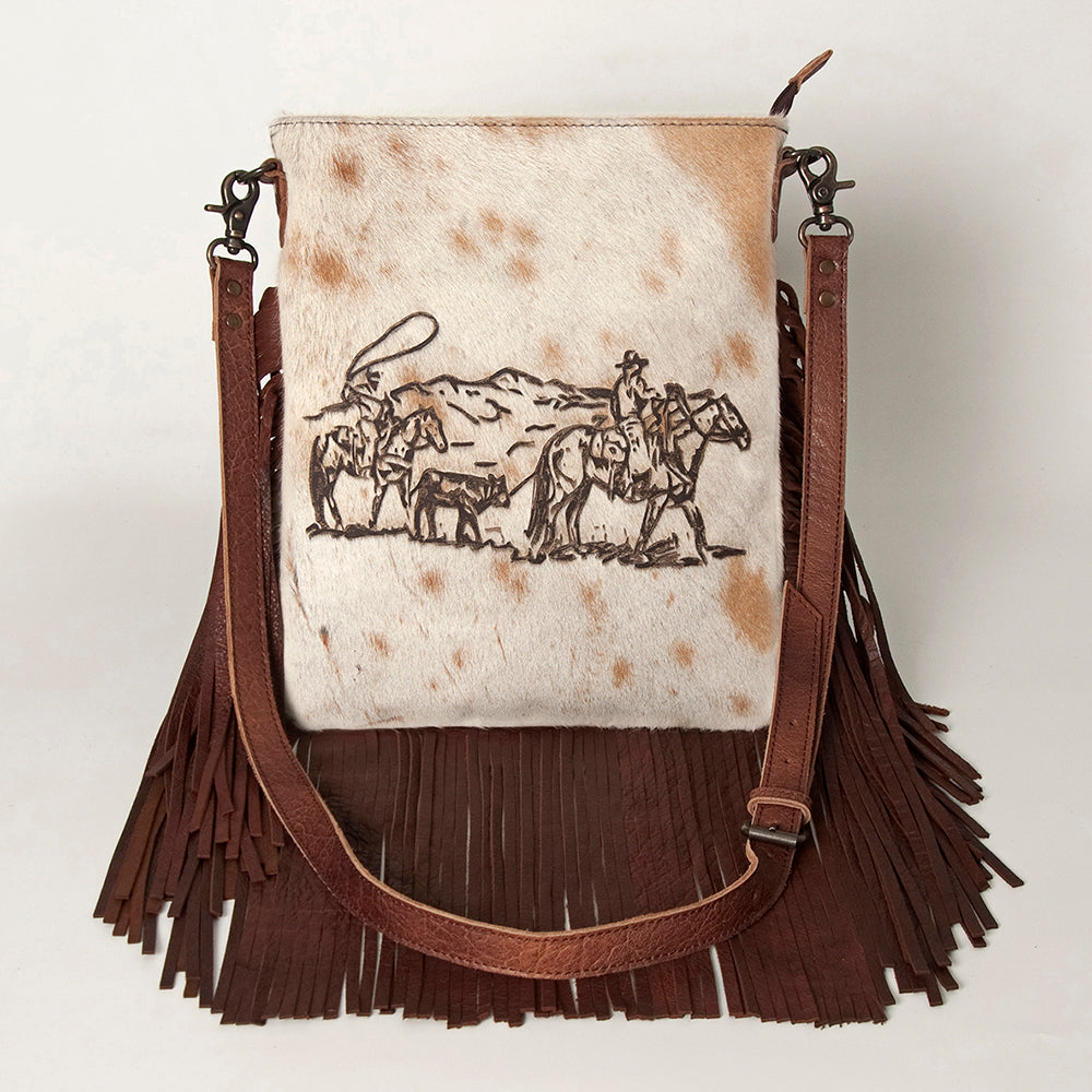 ADBGS192 Cowhide Large Crossbody Bag with Tooled Strap & Fringe - Western Rodeo Purse