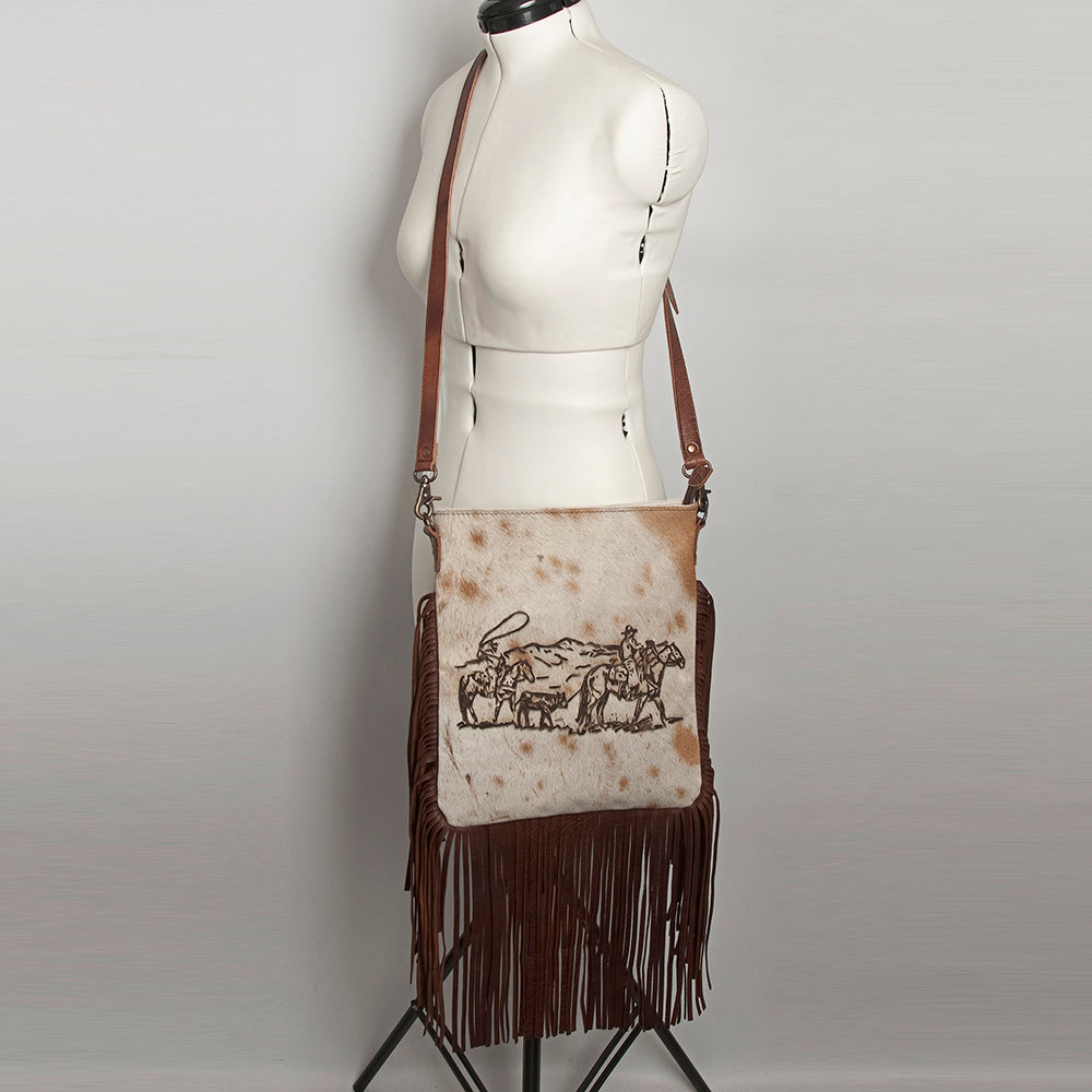 ADBGS192 Cowhide Large Crossbody Bag with Tooled Strap & Fringe - Western Rodeo Purse