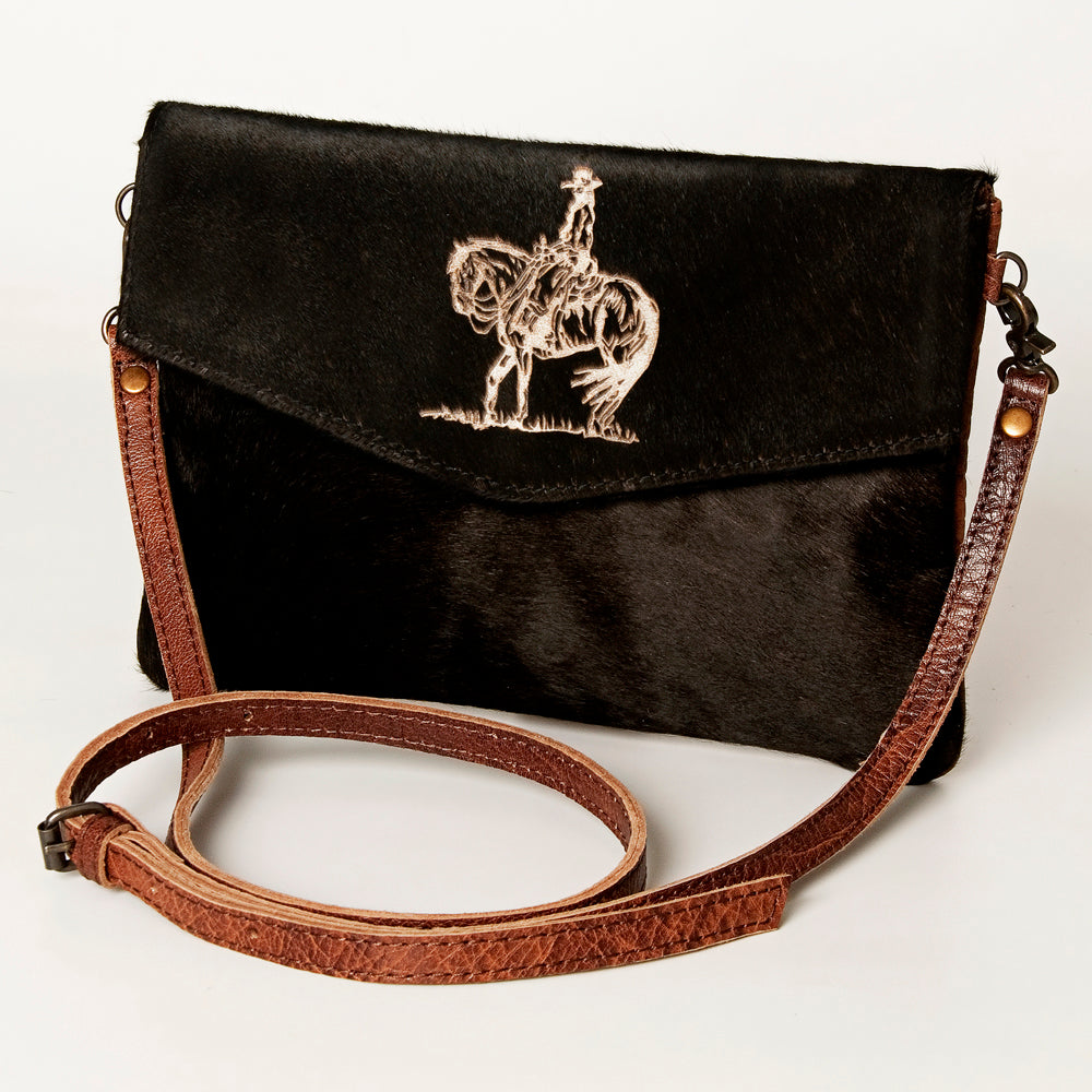 ADBGS178 Black Cowhide Leather Envelope Bag with Cowboy Horse Embroidery - Western Sling Purse