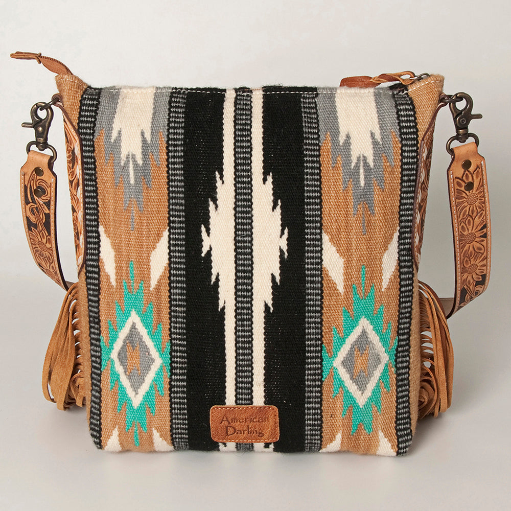 ADBG905 Southwestern Wool Blanket & Tooled Leather Strap Crossbody Bag by American Darling