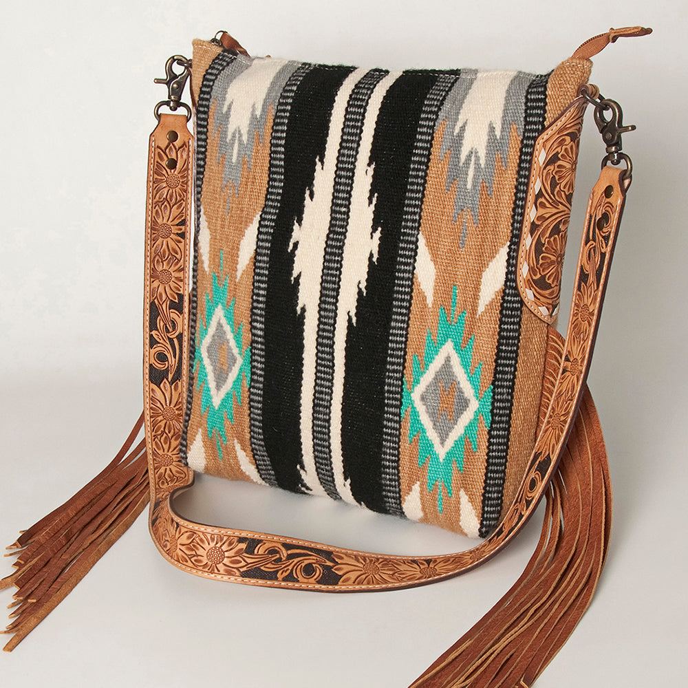 ADBG905 Southwestern Wool Blanket & Tooled Leather Strap Crossbody Bag by American Darling