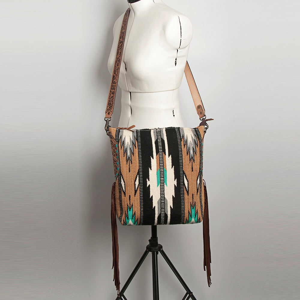ADBG905 Southwestern Wool Blanket & Tooled Leather Fringe Large Crossbody Bag by American Darling