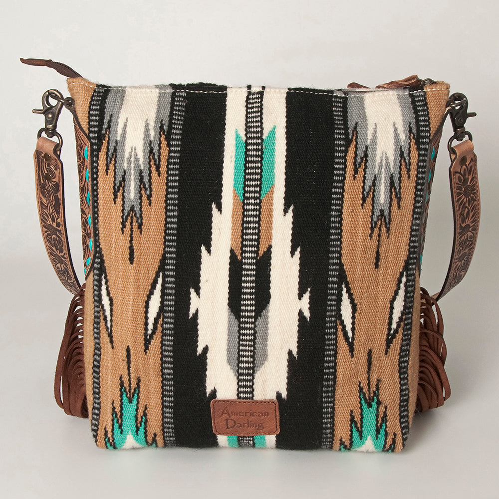 ADBG905 Southwestern Wool Blanket & Tooled Leather Fringe Large Crossbody Bag by American Darling