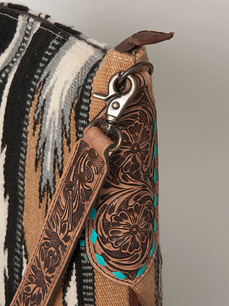ADBG905 Southwestern Wool Blanket & Tooled Leather Fringe Large Crossbody Bag by American Darling