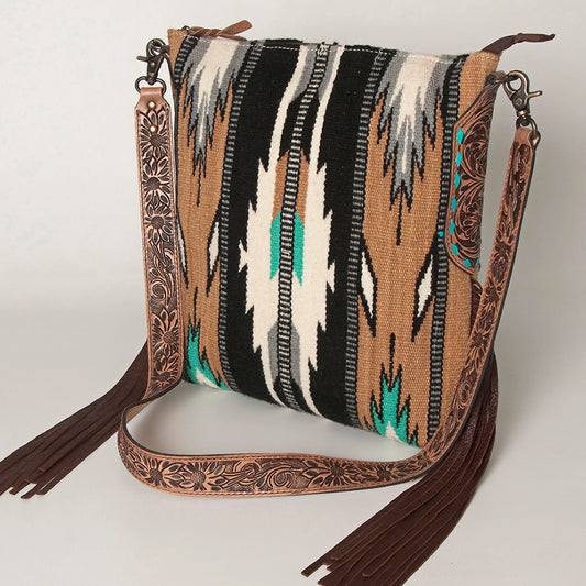 ADBG905 Southwestern Wool Blanket & Tooled Leather Fringe Large Crossbody Bag by American Darling