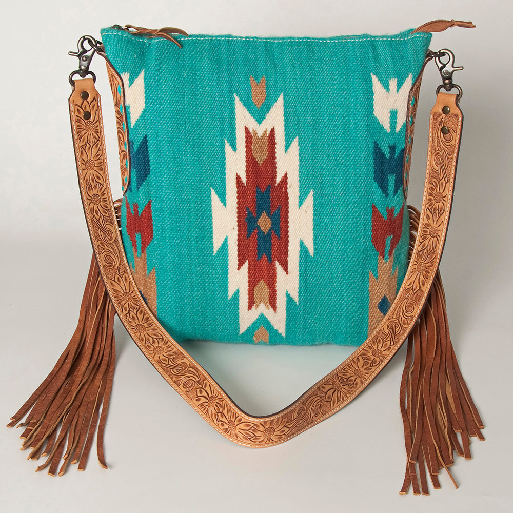 ADBG905 Southwestern Wool Blanket & Tooled Leather Fringe Large Crossbody Bag by American Darling