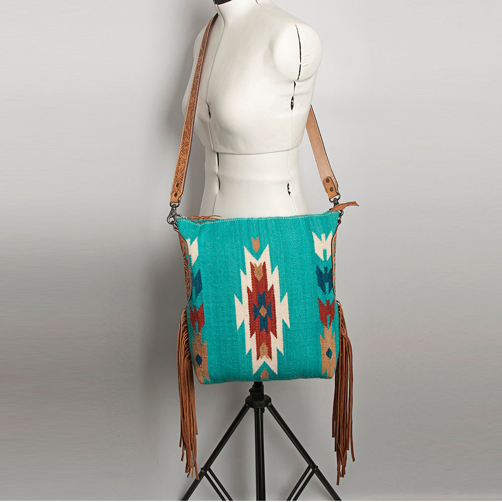 ADBG905 Southwestern Wool Blanket & Tooled Leather Fringe Large Crossbody Bag by American Darling