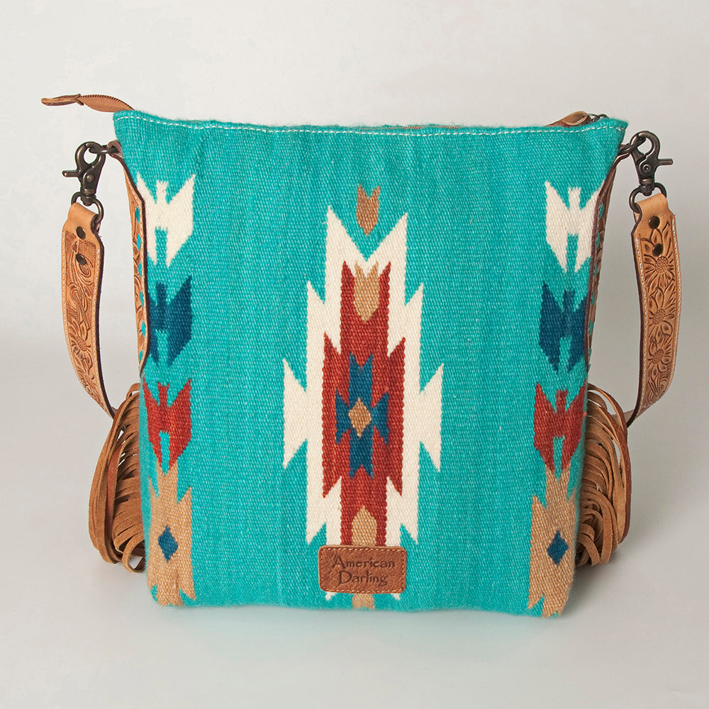 ADBG905 Southwestern Wool Blanket & Tooled Leather Fringe Large Crossbody Bag by American Darling