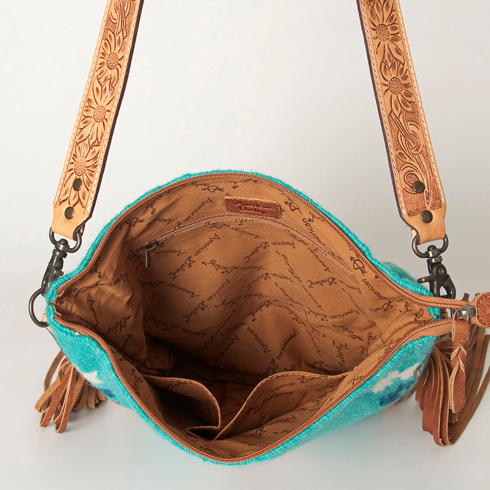 ADBG905 Southwestern Wool Blanket & Tooled Leather Fringe Large Crossbody Bag by American Darling