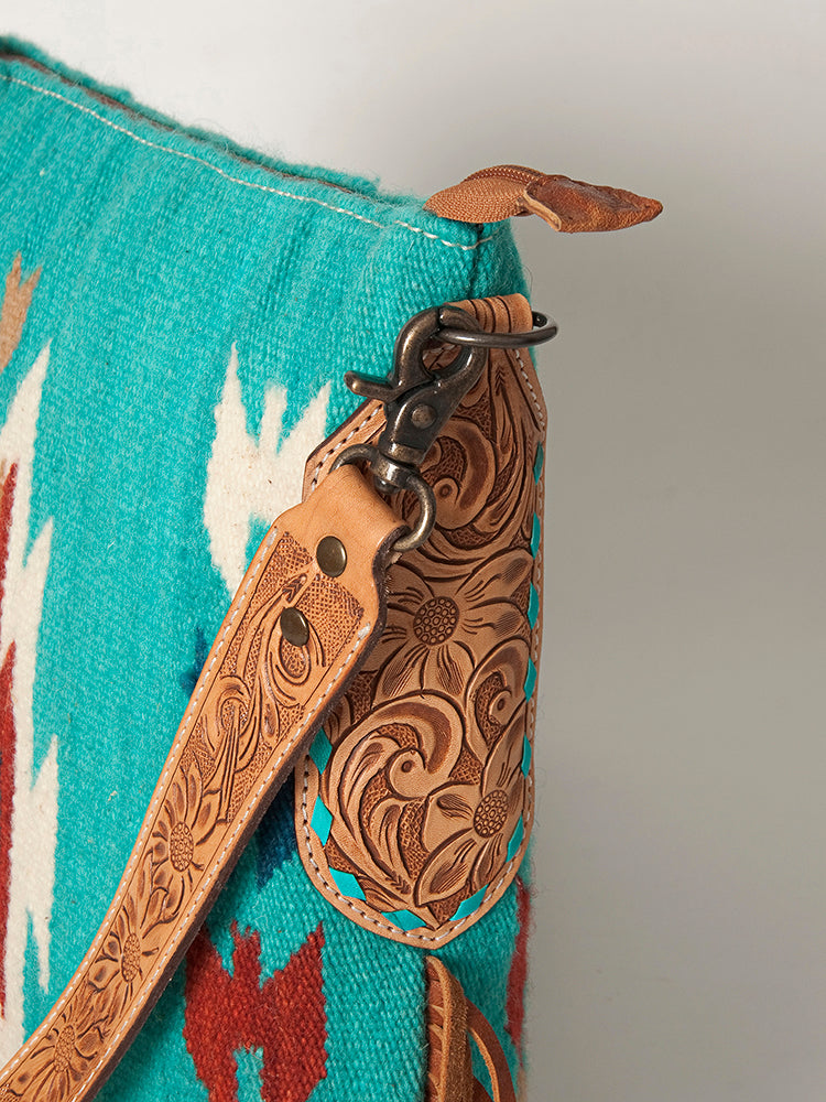 ADBG905 Southwestern Wool Blanket & Tooled Leather Fringe Large Crossbody Bag by American Darling