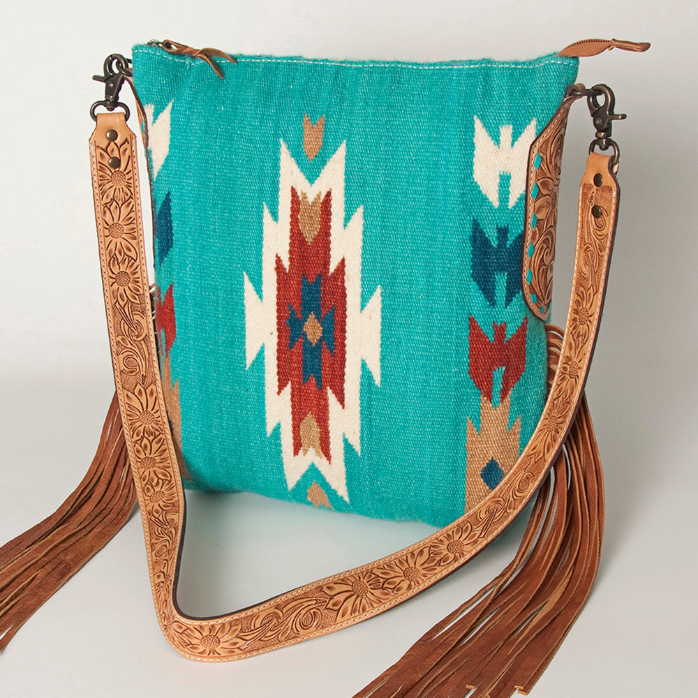 ADBG905 Southwestern Wool Blanket & Tooled Leather Fringe Large Crossbody Bag by American Darling