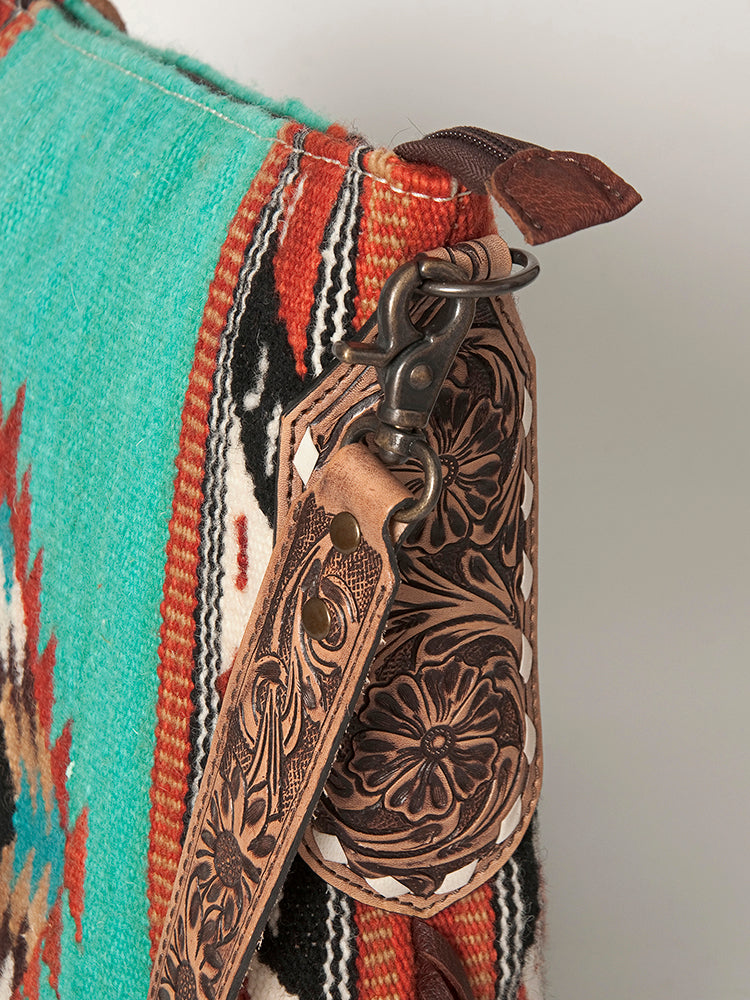 ADBG905 Southwestern Wool Blanket & Tooled Leather Fringe Large Crossbody Bag by American Darling