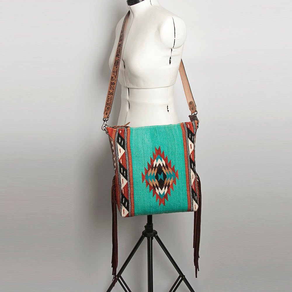 ADBG905 Southwestern Wool Blanket & Tooled Leather Fringe Large Crossbody Bag by American Darling
