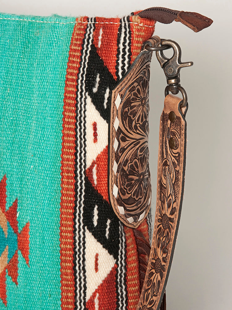 ADBG905 Southwestern Wool Blanket & Tooled Leather Fringe Large Crossbody Bag by American Darling
