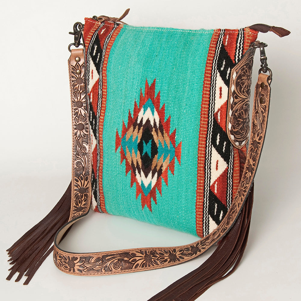 ADBG905 Southwestern Wool Blanket & Tooled Leather Fringe Large Crossbody Bag by American Darling