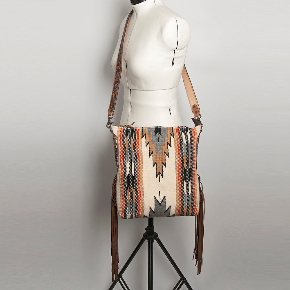 ADBG905 Southwestern Wool Blanket & Tooled Leather Fringe Large Crossbody Bag by American Darling